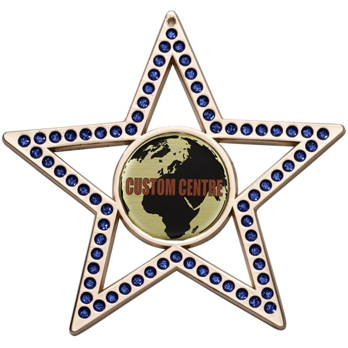 COPPER 75MM - BLUE STAR GEMSTONE CUSTOM VINYL DOMED MEDAL **SPARKLE**